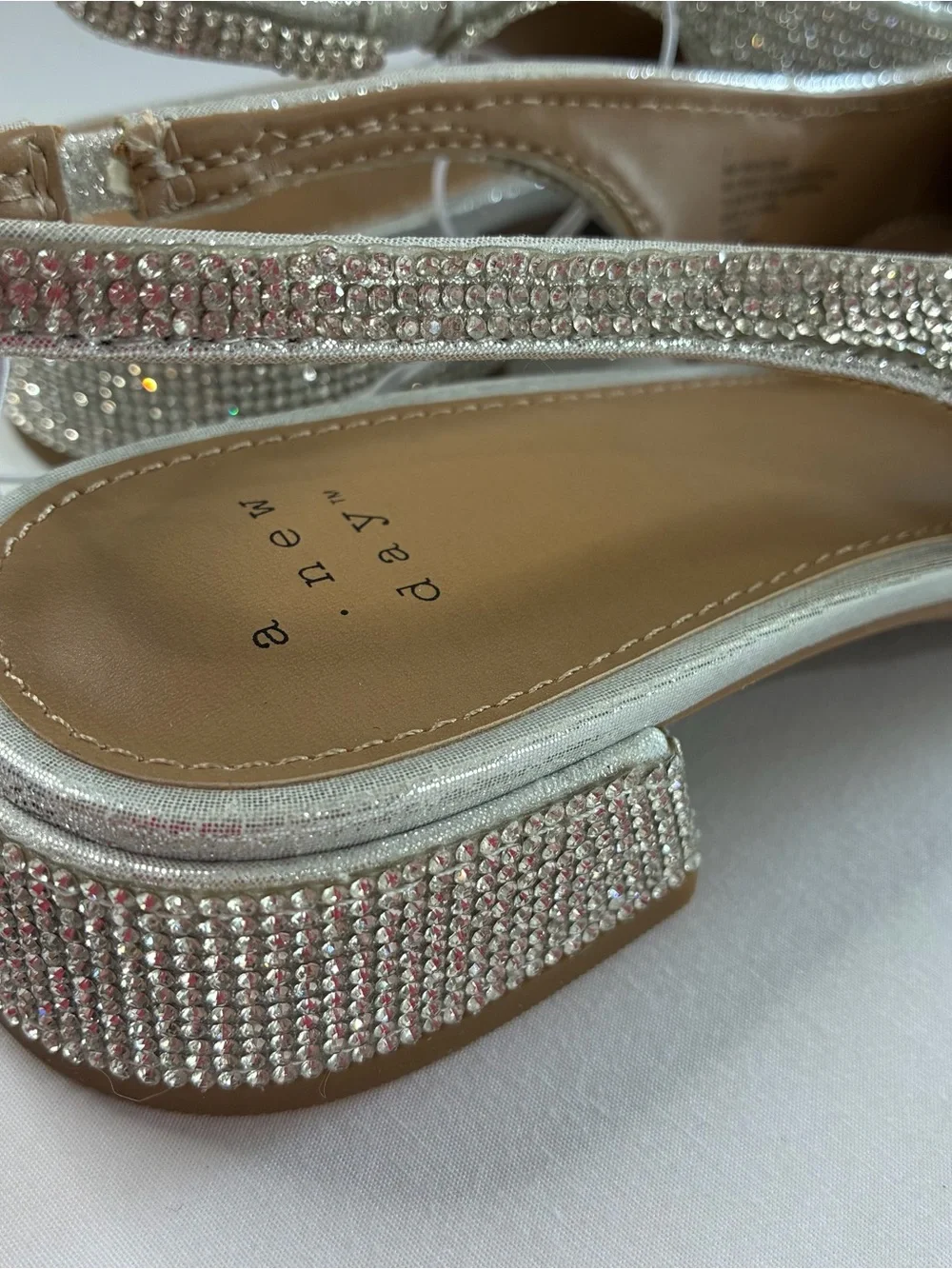 A New Day Elle Silver Rhinestone Slingback Pointed Toe Low Block Heels Size 7